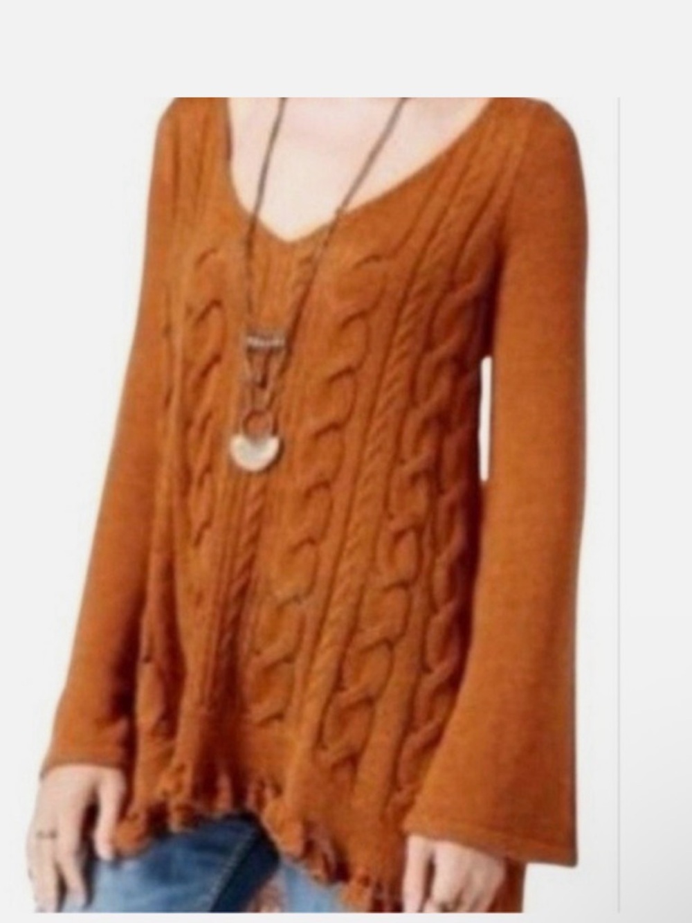 Free People Alpaca Blend Cable Knit V-Neck Ruffle Hem Tunic Sweater - Small